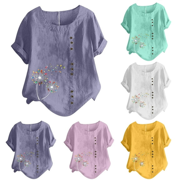 Fesfesfes Women Plus Size T Shirts Women's Short Sleeved Casual Plus Size Round Neck Printed Loose Button Cotton Linen Top Blouse 5XL(US:18)