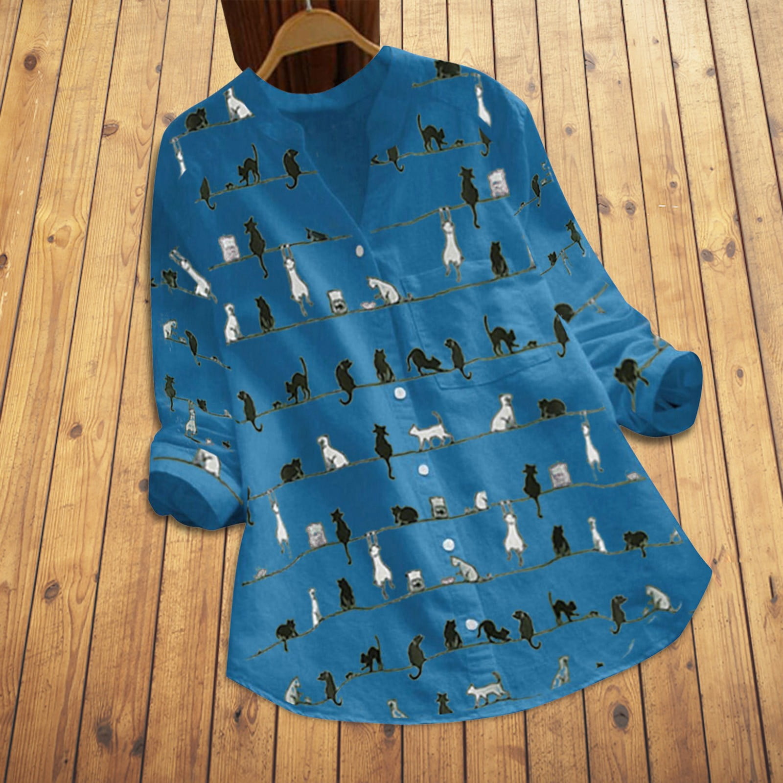 Fesfesfes Women Plus Size Tops Casual Cat Print Long Sleeve Blouse Tops V-Neck Button Loose ...