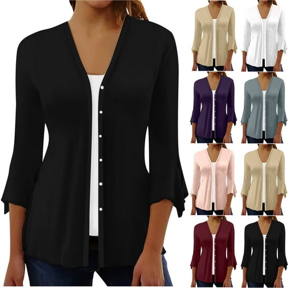 Fesfesfes Women Plus Size Tops Fashion Women Summer 3/4 Sleeve Cardigan Solid Color Casual Blouse Tops Womens Tshirts Graphic 2XL(US:12)