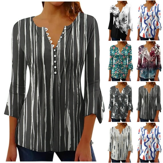 Fesfesfes Women Plus Size Tops Women Fashion Printed Casual V-Neck 3/4 Sleeve T-Shirt Blouse Tops Layering Shirts for Women 8(L)