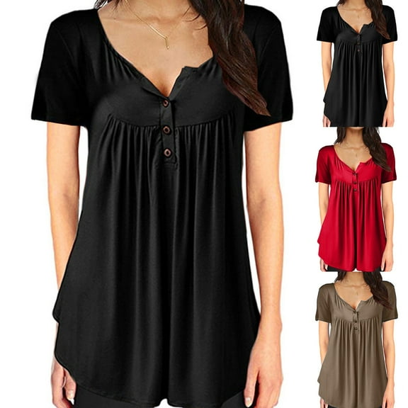 Fesfesfes Women Plus Size Tops Women Fashion Summer Fold Printed Regular Women Short Sleeves V Neck Button Top Girls Crop Top 5XL(US:18)