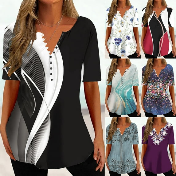 Fesfesfes Women Plus Size Tops Women's Fashion V-neck Print Casual Loose Short Sleeve Top Short Sleeve V-neck Top/Shirt Womens Work Shirts XL(US:10)