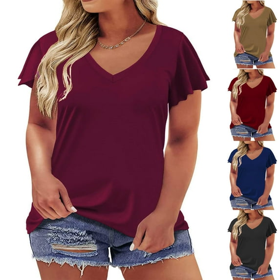 Fesfesfes Women Plus Size Tshirts for Women Plus-Size Ruffles Solid Blouses Short Sleeve Summer V-Neck Tops T- T Shirt for Women 16(XXXXL)