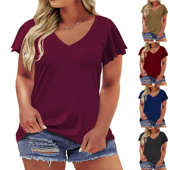 Fesfesfes Women Plus Size Tshirts for Women Plus-Size Ruffles Solid Blouses Short Sleeve Summer V-Neck Tops T- T Shirt for Women 8(L)