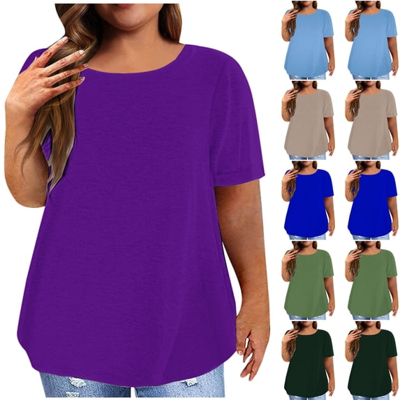Fesfesfes Women Plus Size Workout Clothing Fashion Woman Casual Solid Blouse Round Neck Short Sleeve T-Shirt Summer Plus Size Tops Womens 8(L)