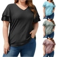 thumbnail image 1 of Fesfesfes Women Plus Size Workout Clothing Women Loose Casual V-Neck Short Sleeve T- Plus Sizes Solid Ruffles Sleeve Summer Blouses Tops Workout Shirt 2XL(US:12), 1 of 8