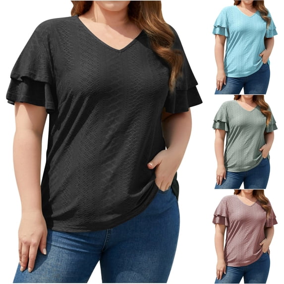 Fesfesfes Women Plus Size Workout Clothing Women Loose Casual V-Neck Short Sleeve T- Plus Sizes Solid Ruffles Sleeve Summer Blouses Tops Workout Shirt 2XL(US:12)