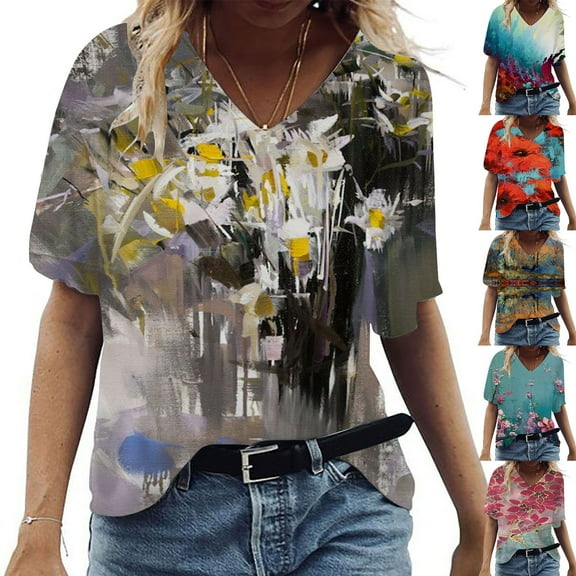 Fesfesfes Women Plus Size Workout Clothing Women's Fashion Casual Plus Size Scenic Flowers Printing V-Neck T-Shirt Tops Womens Tops L(US:8)