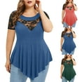 thumbnail image 1 of Fesfesfes Women Plus Tops Oversized Tshirts Solid Floral Lace Round Neck Asymmetric Three Quarter Tops Blouse T Shirts for Women 5XL(US:18), 1 of 6