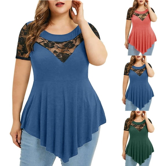 Fesfesfes Women Plus Tops Oversized Tshirts Solid Floral Lace Round Neck Asymmetric Three Quarter Tops Blouse T Shirts for Women 5XL(US:18)