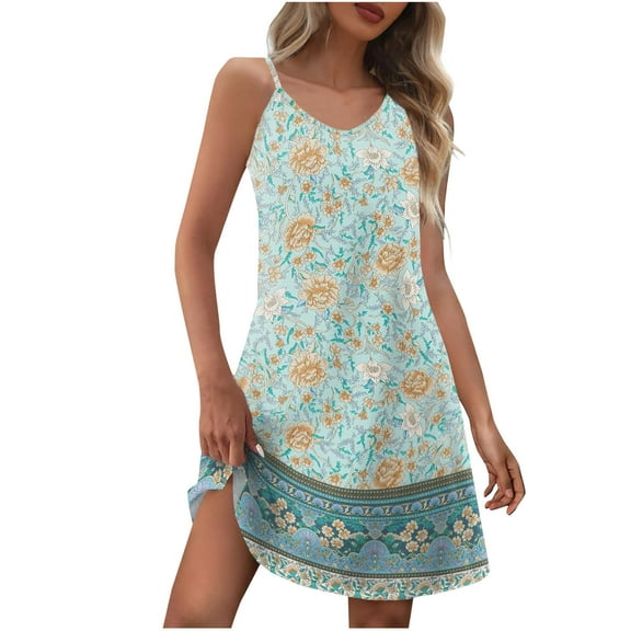 Fesfesfes Women Printed Dress Vintage Casual V-Neck Dress Long Sleeve Loose Dress or