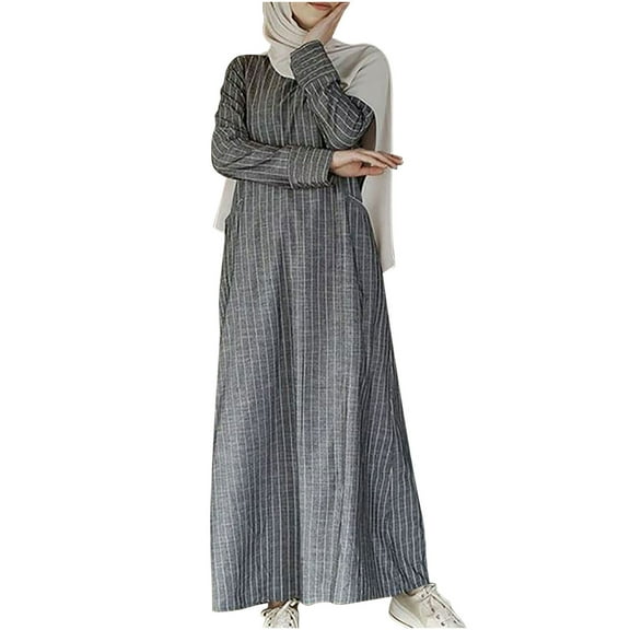 Fesfesfes Women Round Neck Loose Long Sleeve Dress Stripe Linen Ankle-length Dress Long Dress