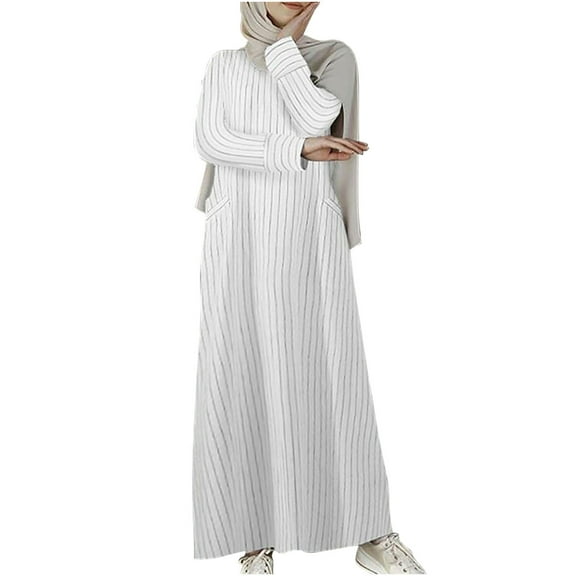 Fesfesfes Women Round Neck Loose Long Sleeve Dress Stripe Linen Ankle-length Dress Long Dress