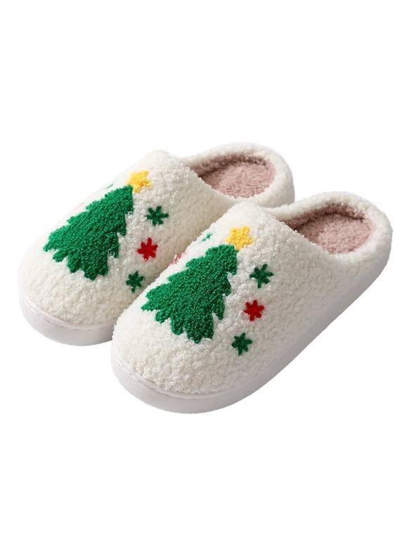 Women’S Dress Shoes Christmas Warm Slippers Christmas Tree Cotton Slippers Indoor Soft Soles Non-slip Indoor Floor Mute Cotton Slippers 7.5-8.5(40-41)