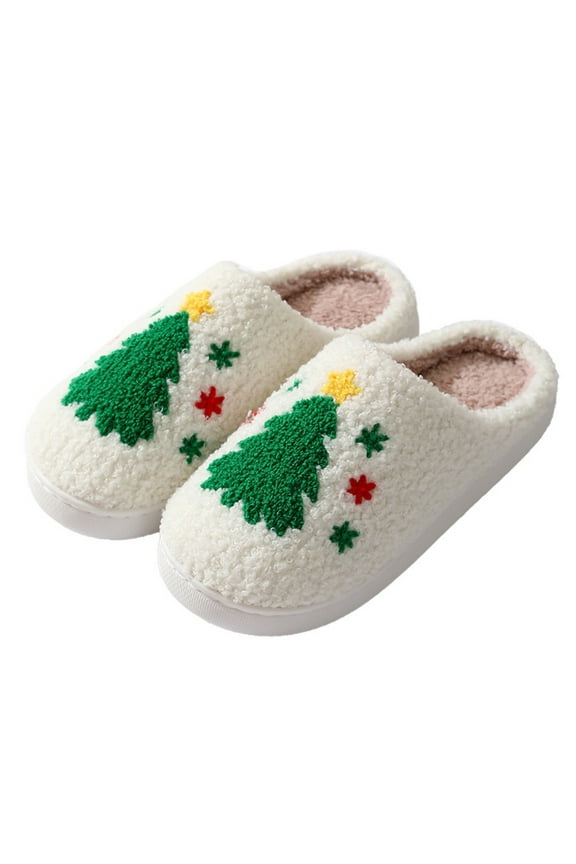 Women’S Dress Shoes Christmas Warm Slippers Christmas Tree Cotton Slippers Indoor Soft Soles Non-slip Indoor Floor Mute Cotton Slippers 7.5-8.5(40-41)