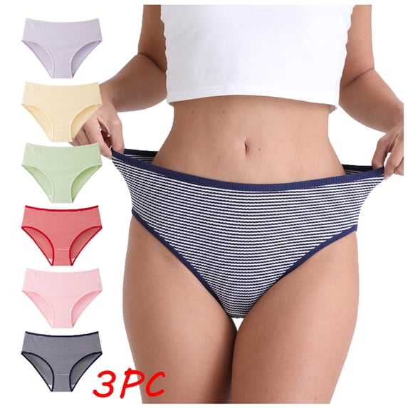 Fesfesfes Women'S Underwear 3PC Women Everyday Conservative Ventilate Middle Waist Stripe Underwear Panties