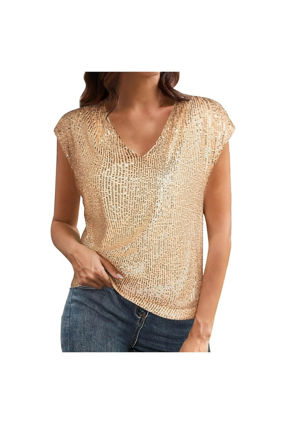 Women Tee Fashion Sequins Solid Color Sleeveless V-Neck Blouses Breathable Slim Fitting Shirts for Parties Nightclub(Gold,M)