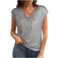 thumbnail image 1 of Fesfesfes Women Tee Fashion Sequins Solid Color Sleeveless V-Neck Blouses Breathable Slim Fitting Shirts for Parties Nightclub(Gray,XL), 1 of 8