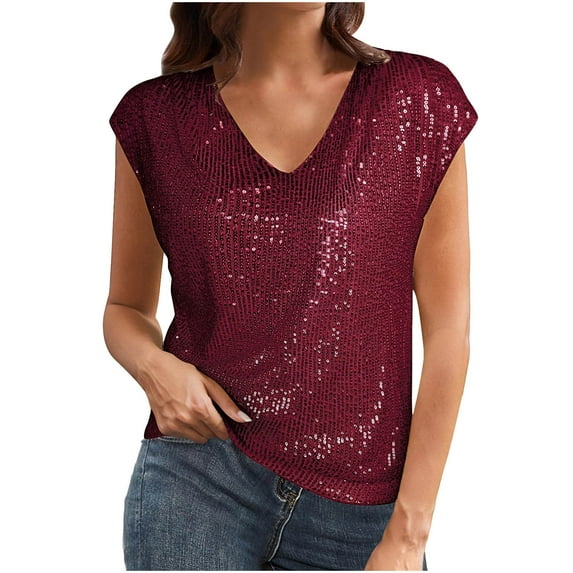 Fesfesfes Women Tee Fashion Sequins Solid Color Sleeveless V-Neck Blouses Breathable Slim Fitting Shirts for Parties Nightclub(Wine,S)