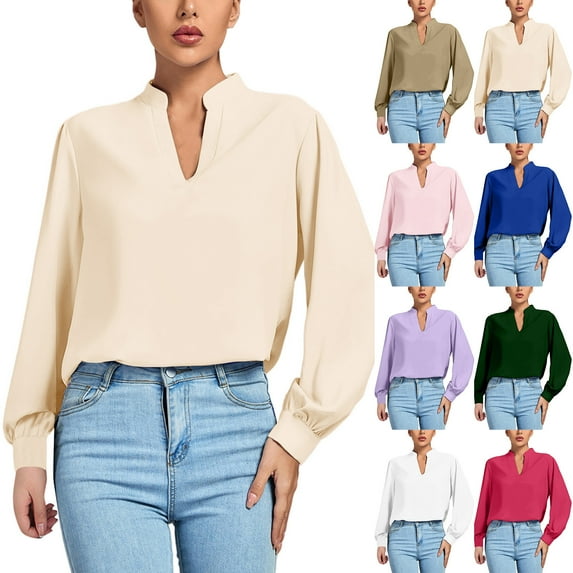 Fesfesfes Women Shirt New Fashion Women Spring Fall V-neck Long Sleeved Loose Shirt Tops Sweatshirt for Women S(US:4)