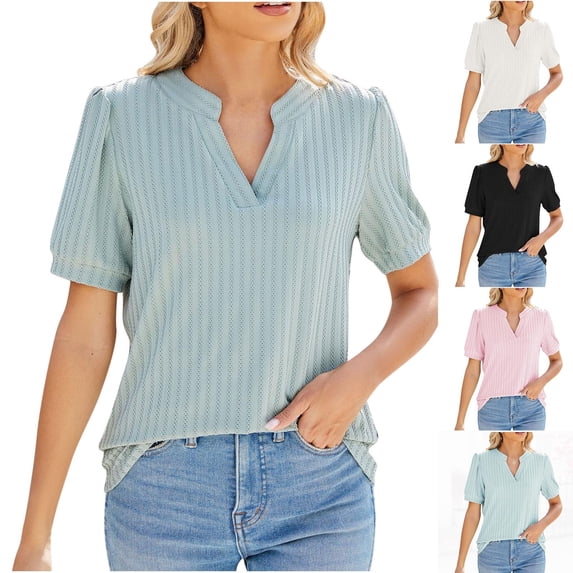 Fesfesfes Women Shirt Women's Fashion Solid Color V-neck Comfortable Loose T-shirt Blouse Casual Tops Layering Shirts for Women S(US:4)