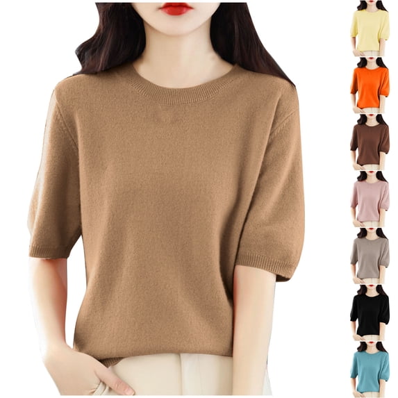 Fesfesfes Women Shirts Woman Round Neck Short Sleeve Solid Color Capless Fashion Fallow Commuting Jacket Tee 2XL(US:12)
