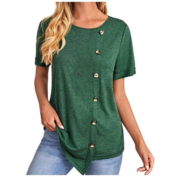 Fesfesfes Women Shirts Women's Summer Color Fold Irregular Button Round Neck Sleeve Short Temperament Tops Short Sleeve Tshirts Shirts for Women 12(XXL)