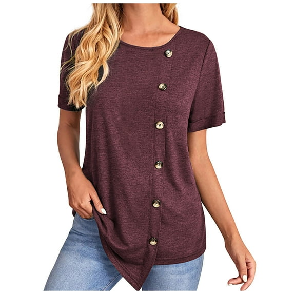 Fesfesfes Women Shirts Women's Summer Color Fold Irregular Button Round Neck Sleeve Short Temperament Tops Short Sleeve Tshirts Shirts for Women 4(S)