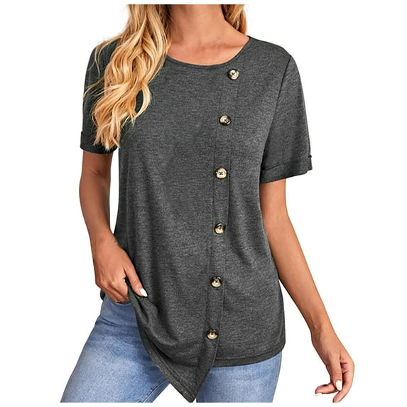 Fesfesfes Women Shirts Women's Summer Color Fold Irregular Button Round Neck Sleeve Short Temperament Tops Short Sleeve Tshirts Shirts for Women 4(S)