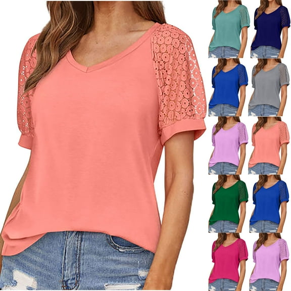 Fesfesfes Women Shirts Womens Summer Tops V Neck T Shirts Puff Sleeve Tops Loose Casual Tshirts Short Sleeve Shirts for Women XL(US:10)