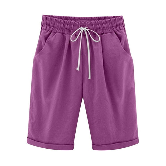 Fesfesfes Women Shorts Summer Solid Color Shorts Plus Size Linen Shorts Casual Short Pants