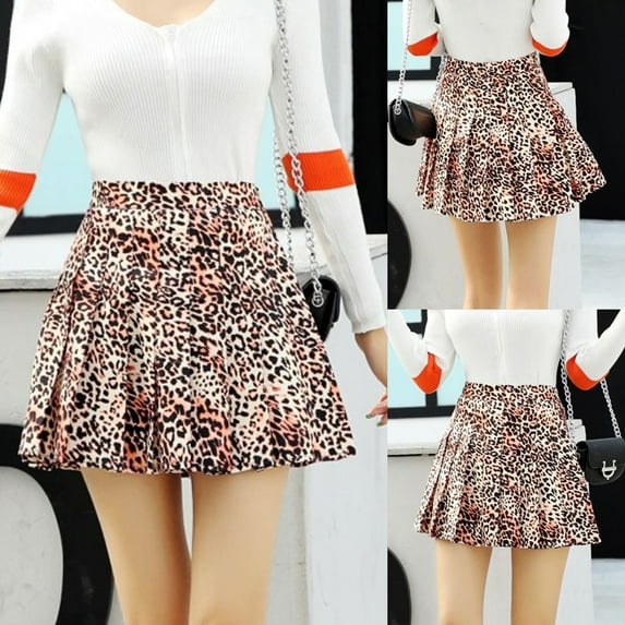 Fesfesfes Women Skirt A-line High Waist Leopard Short Skirt Pleated Printing Skirt Clothes Sale
