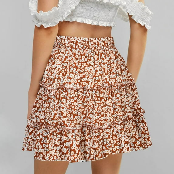 Fesfesfes Women Skirt Summer Casual Vintage High Waist Floral Print Beach Ruffled Short Skirt