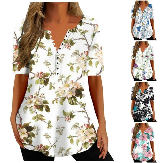 Fesfesfes Women Summer Clothes Sale Women's Summer V-neck Print Casual Loose Top Short Sleeve V-neck Button Blouses Tops 4(S)