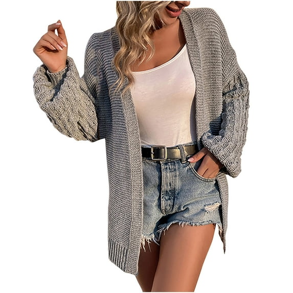Fesfesfes Women Sweater Cardigan Casual Soild Long Sleeve Lantern Sleeve Knit Cardigan Sweater Coat Outwear Tops on