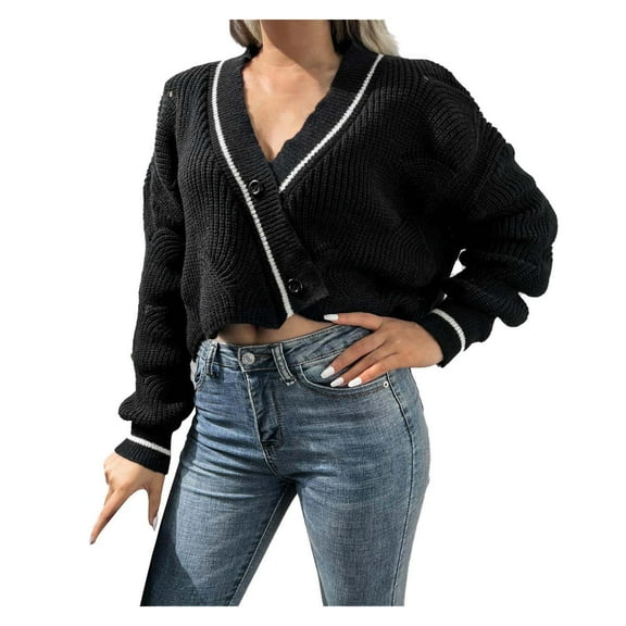 Fesfesfes Women Sweater Fall V Neck Single Breasted Chain Link Sweater Cardigan Under $10