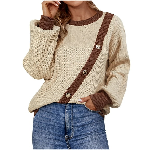 Fesfesfes Women Sweater Fall Winter Long Sleeve Splicing Button Round-Neck Sweater Tops Tops on