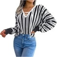 thumbnail image 1 of Fesfesfes Women Sweater Fall Winter Long Sleeve Stripe Contrasting Lantern Sleeve V-Neck Sweater Tops or, 1 of 5