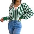 thumbnail image 1 of Fesfesfes Women Sweater Fall Winter Long Sleeve Stripe Contrasting Lantern Sleeve V-Neck Sweater Tops or, 1 of 6