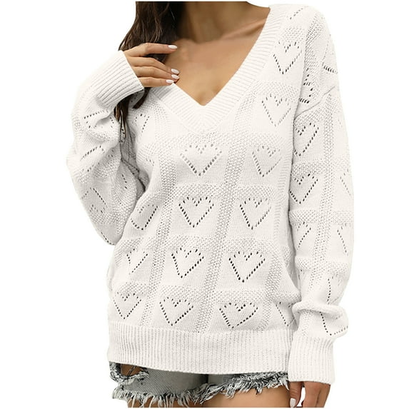 Fesfesfes Women Sweater Fall Winter Solid Love Heart Hollow Out Long Sleeve V-Neck Pullover Sweater Tops or