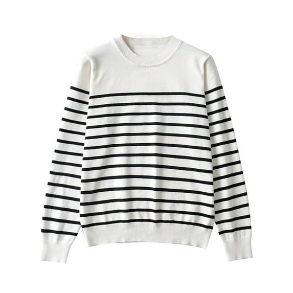 Fesfesfes Women Sweater Round- Neck Stripe Splicing Recreational Knitting Sweater Long Sleeve Tops or