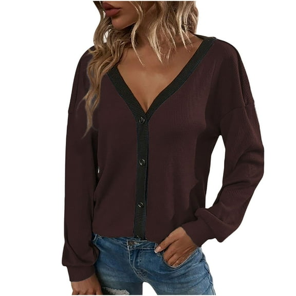 Fesfesfes Women Sweater Shirt Casual Color Matching Shirt V Neck Button Long Sleeve Tops Cardigan Blouse On Sale