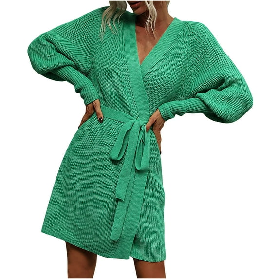 Fesfesfes Women Sweater Solid Color Long Sleeve Straps Cardigan Long Sweater Coat Sale or Clearance