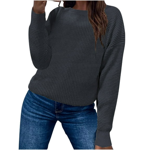 Fesfesfes Women Sweater Tops Fall And Winter Casual Round Neck Long Sleeve Tops Solid Color Sweater Tops Blouse Clothes Sale