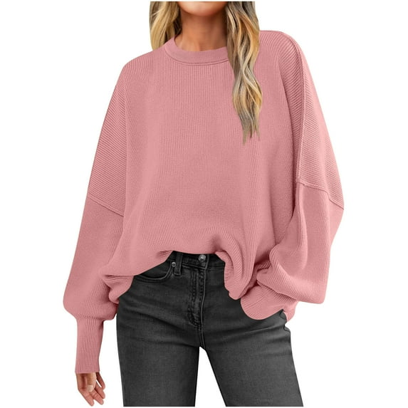 Fesfesfes Women Sweater Tops Fall And Winter Casual Round Neck Long Sleeve Tops Solid Color Sweater Tops Blouse