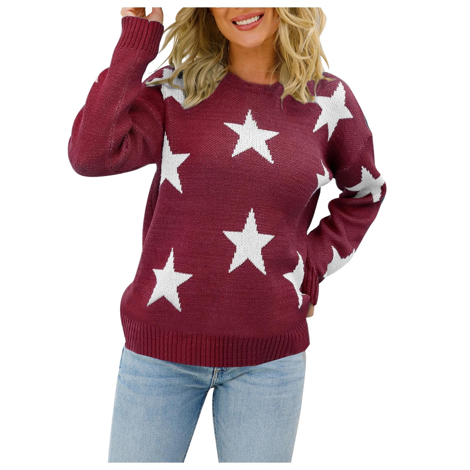 Fesfesfes Women Sweater Tops V-neck Loose Knitting Sweater Casual Stars  Pattern Long Sleeve Tops Clothes Sale 