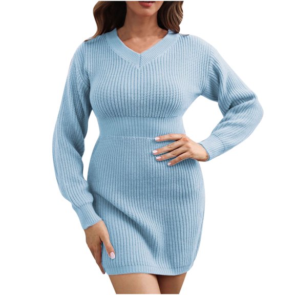 Fesfesfes Women Sweater V-neck Long-sleeved Waist High-waist Sweater Dress Women Sweater Knitted Dress Fall And Winter New Clothes Sale