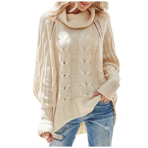 Fesfesfes Women Sweaters Casual Cable Pullover Bat Sleeve Loose Women Sweaters Turtleneck Sweater Tops on