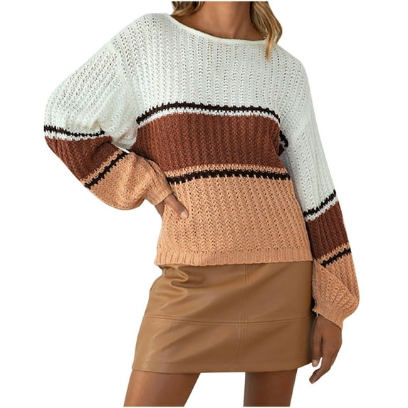 Fesfesfes Women Sweaters Casual Color Splicing Pullover Tops O-Neck Long Sleeve Sweater Tunic Tops Blouse Plus Size $10