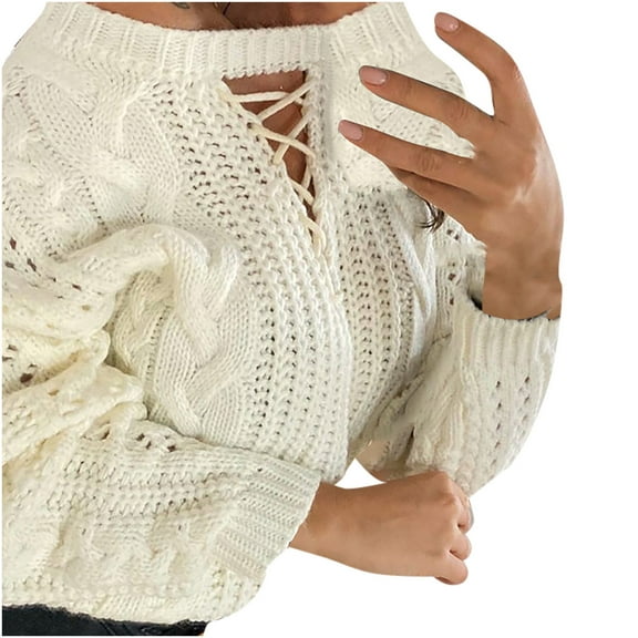 Fesfesfes Women Sweaters Casual Hollow Drawstring Off-the-shoulder Knitted Sweater